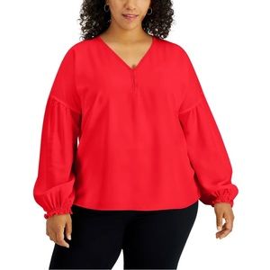 Alfani Women’s Plus Size Puff-Sleeve Blouse Red Size 1X long sleeve V-Neck Top
